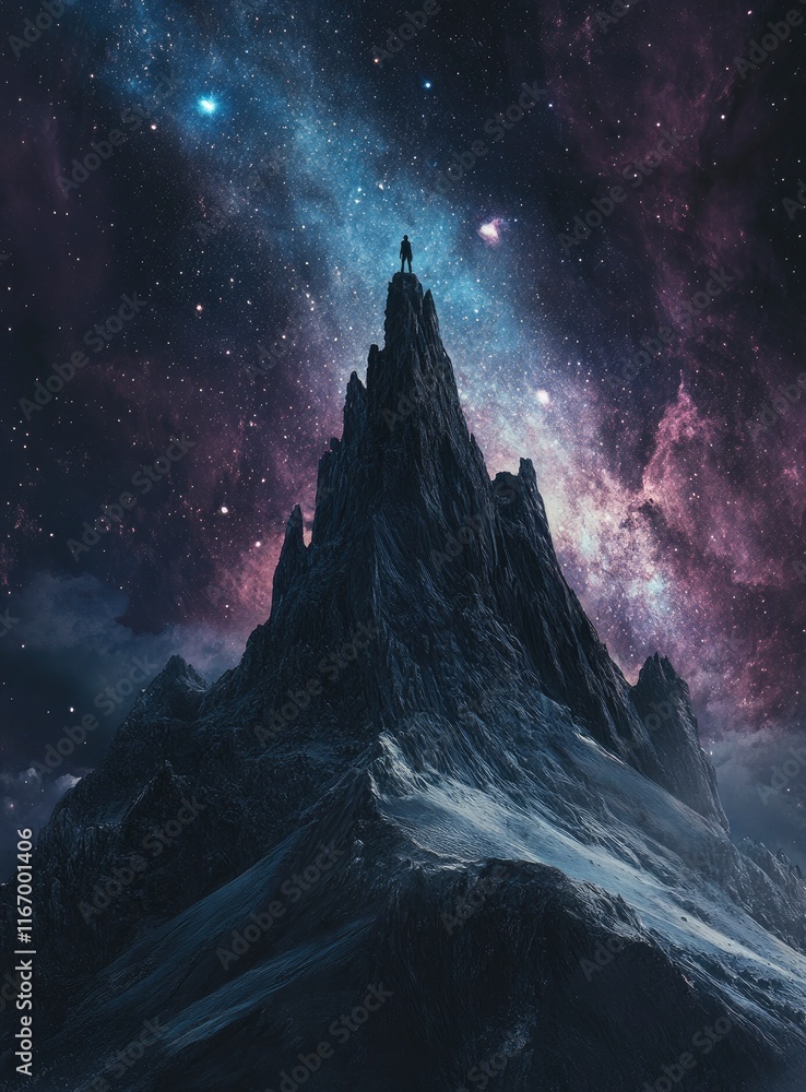 A lone figure stands atop an epic mountain peak, gazing at the vast expanse of stars above, symbolizing personal achievement and strength under extreme conditions. The backdrop is a breathtaking night A lone figure stands atop an epic mountain peak, gazing at the vast expanse of stars above, symbolizing personal achievement and strength under extreme conditions. The backdrop is a breathtaking night