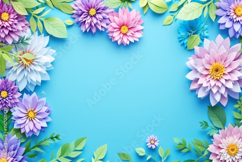 Colorful paper art flowers and leaves on bright blue background, showcasing intricate details. Concept of nature, creativity, and decoration. Ai generative