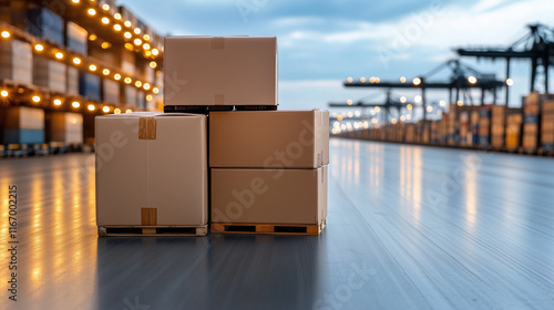 Stacked cardboard boxes on pallets in shipping yard at dusk photo