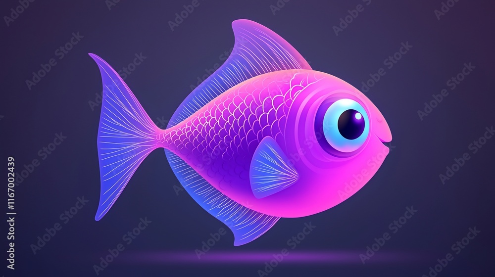 Fototapeta premium Cute pink cartoon fish with big eyes, isolated on dark background.