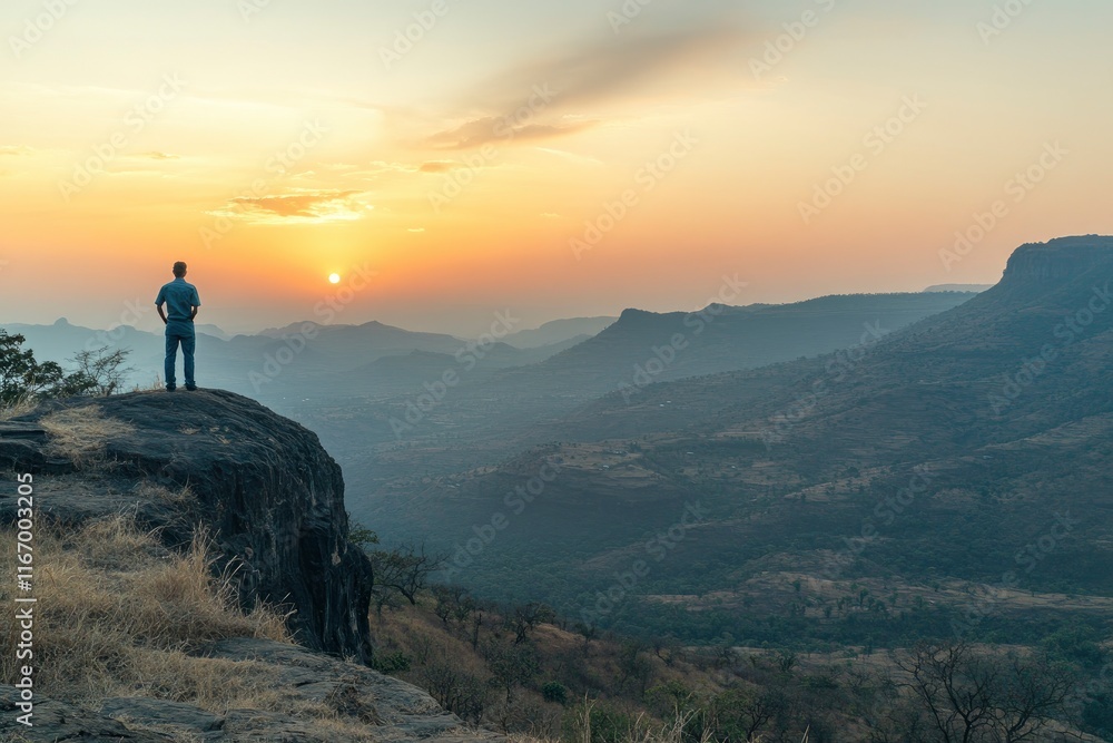 A man standing on top of the mountain, overlooking distant mountains and sky at sunrise with copy space text. Horizontal shot, wide-angle lens, natural lighting, best quality, realistic photo, A man standing on top of the mountain, overlooking distant mountains and sky at sunrise with copy space text. Horizontal shot, wide-angle lens, natural lighting, best quality, realistic photo,