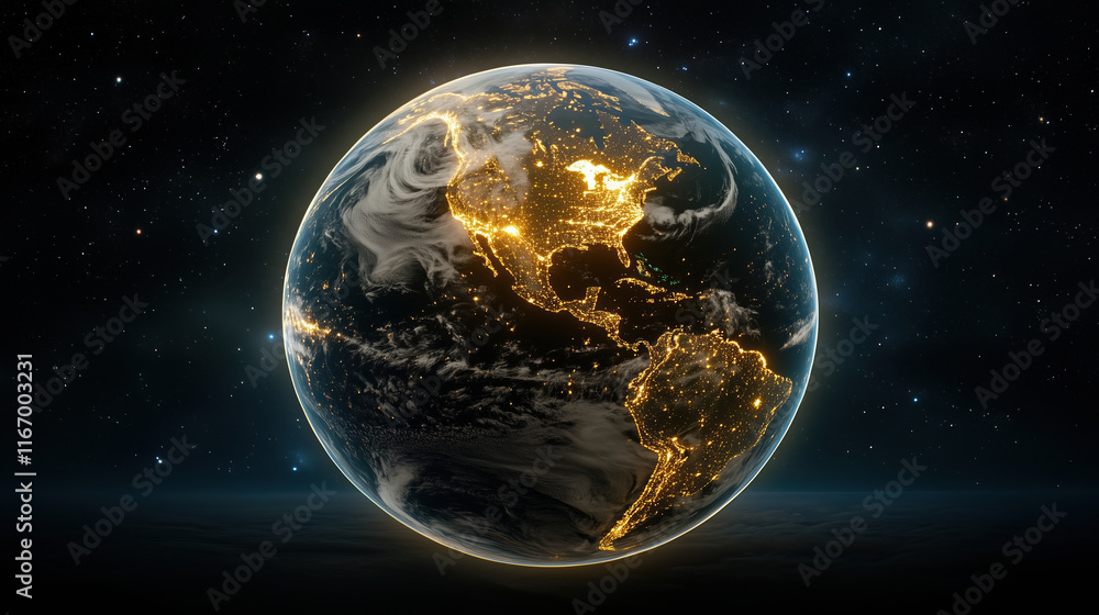 Fototapeta premium stunning digital globe illuminated by city lights, showcasing Earth at night