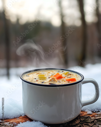 Rustic chicken and wild rice soup in enamel mug outdoors