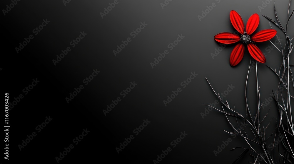 Obraz premium Single red flower on dark background with black branches.