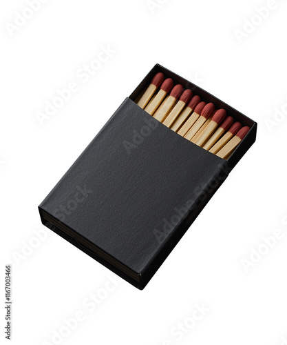 Matchbox isolated, opened matchbox with matchsticks, transparent background photo