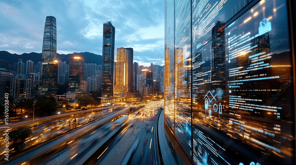 Fototapeta premium High tech smart city skyline with illuminated buildings and traffic