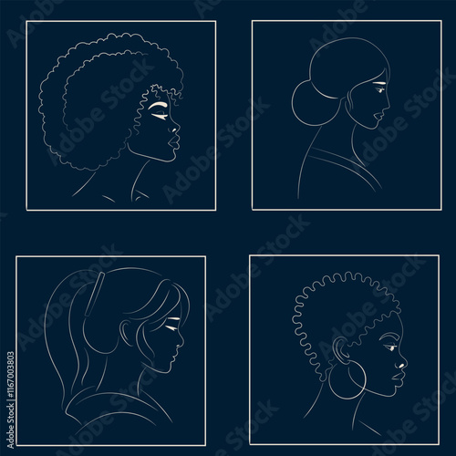 Line art. Set of portraits of girls of different nationalities