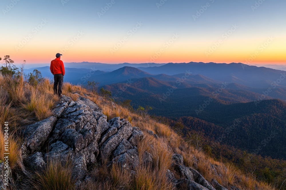 Obraz premium A man standing on top of the mountain, overlooking distant mountains and clear sky at sunrise with copy space for text. A hiker stands in awe as they look out over the vast landscape from atop Pui