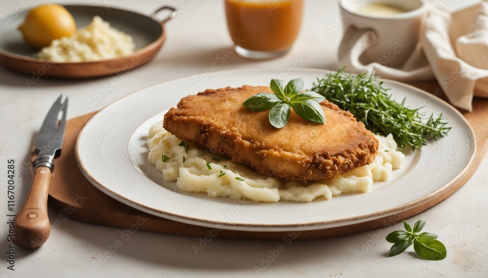 Crispy Breaded Fish Fillet Mashed Potatoes Garnish Simple Dish Crispy Breaded Fish Fillet Mashed Potatoes Garnish Simple Dish