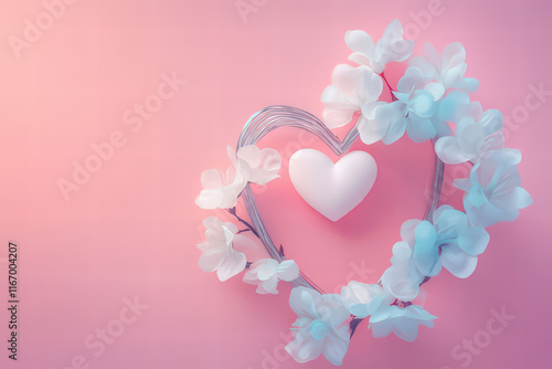 White heart and Flowers on soft pink ground with space for text, Valentine's Day Card, Background