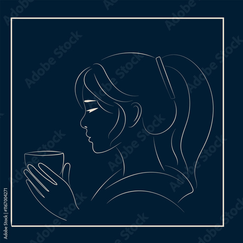 Line art. Japanese or Korean girl drinking tea.