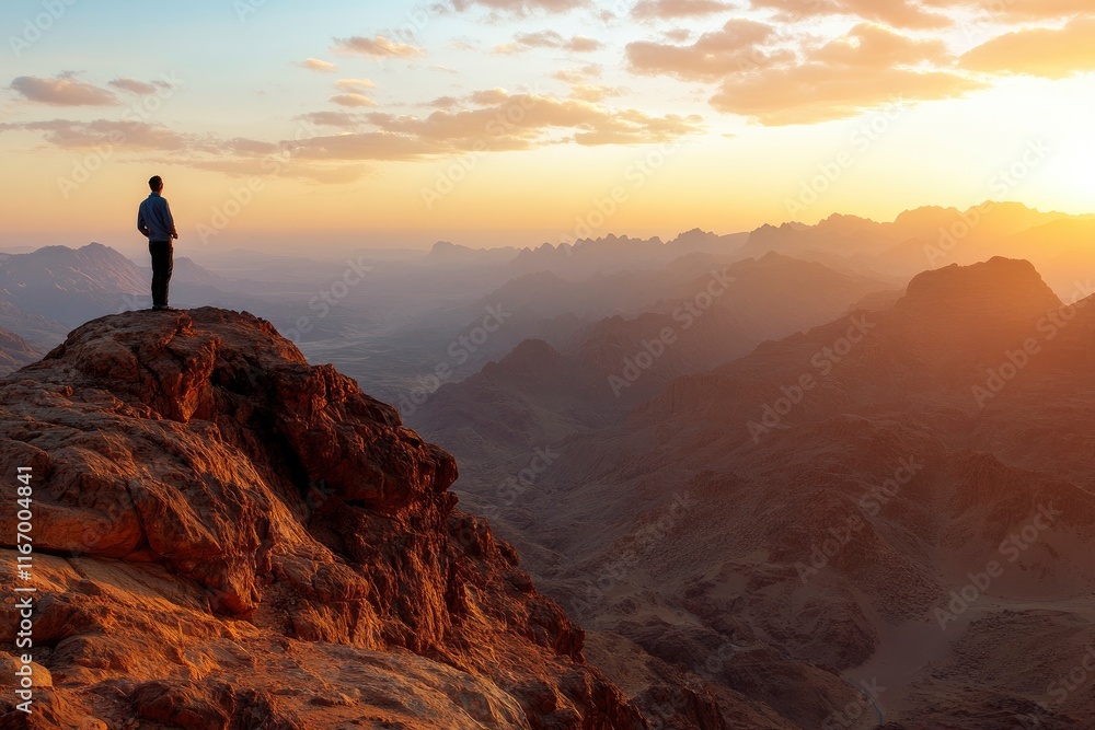 A man standing on top of the mountain, overlooking distant mountains and sky at sunrise with copy space text. Horizontal shot, wide-angle lens, natural lighting, best quality, realistic photo A man standing on top of the mountain, overlooking distant mountains and sky at sunrise with copy space text. Horizontal shot, wide-angle lens, natural lighting, best quality, realistic photo