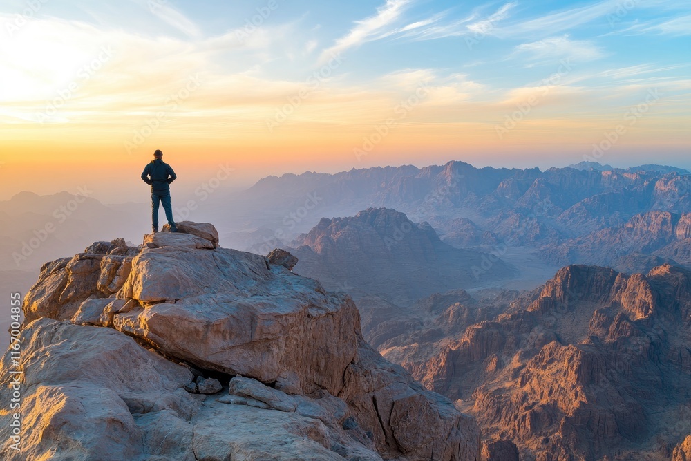 A man standing on top of the mountain, overlooking distant mountains and sky at sunrise with copy space text. Horizontal shot, wide-angle lens, natural lighting, best quality, realistic photo A man standing on top of the mountain, overlooking distant mountains and sky at sunrise with copy space text. Horizontal shot, wide-angle lens, natural lighting, best quality, realistic photo