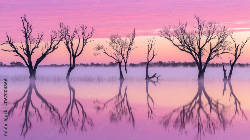 Pink sunrise over still water, reflecting leafless trees in mist. Pink sunrise over still water, reflecting leafless trees in mist.