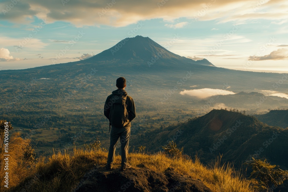 A man standing on top of the mountain, overlooking distant mountains and sky at sunrise with copy space text. Horizontal shot, wide-angle lens, natural lighting, best quality, realistic photo A man standing on top of the mountain, overlooking distant mountains and sky at sunrise with copy space text. Horizontal shot, wide-angle lens, natural lighting, best quality, realistic photo