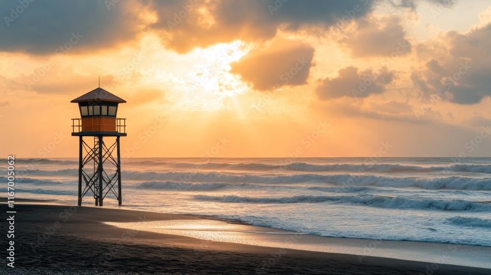 Sunrise over ocean beach with lifeguard tower. Sunrise over ocean beach with lifeguard tower.