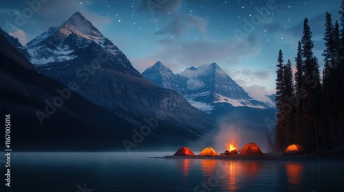 Campfire and tents at a serene lake with majestic mountains under a starry sky.