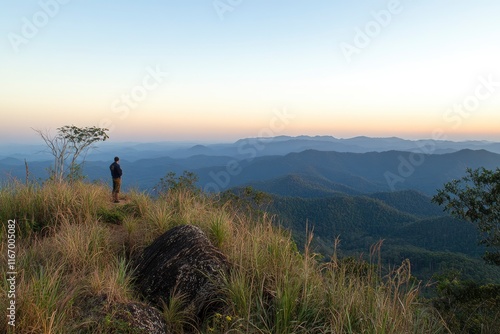 A man standing on top of the mountain, overlooking distant mountains and sky at sunrise with copy space text. Horizontal shot, wide-angle lens, natural lighting, best quality, realistic photo photo