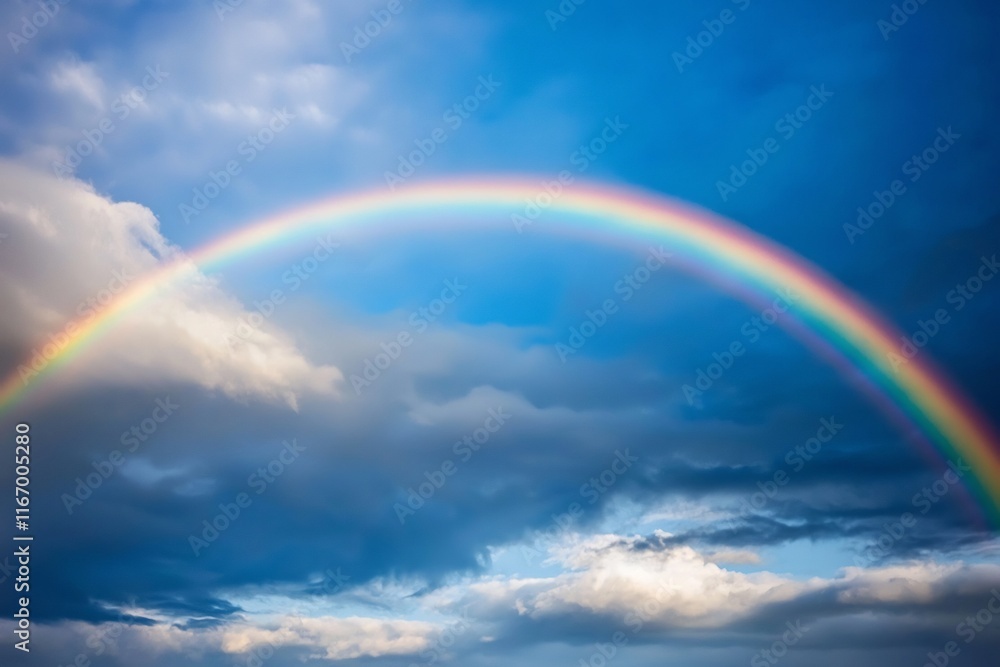 Majestic Rainbow Arching Across Moody Stormy Sky with Dramatic Thunderstorm and Piercing Rays of Light Majestic Rainbow Arching Across Moody Stormy Sky with Dramatic Thunderstorm and Piercing Rays of Light
