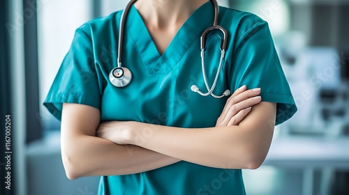 Confident Doctor, Teal Scrubs, Medical Professional photo