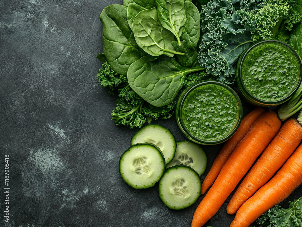 Obraz premium Fresh green smoothie ingredients on a dark surface