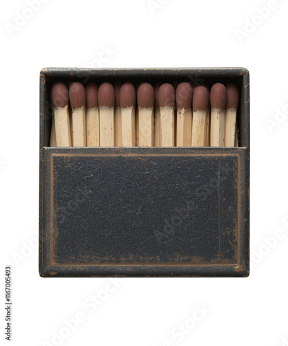 Matchbox isolated, opened matchbox with matchsticks, transparent background