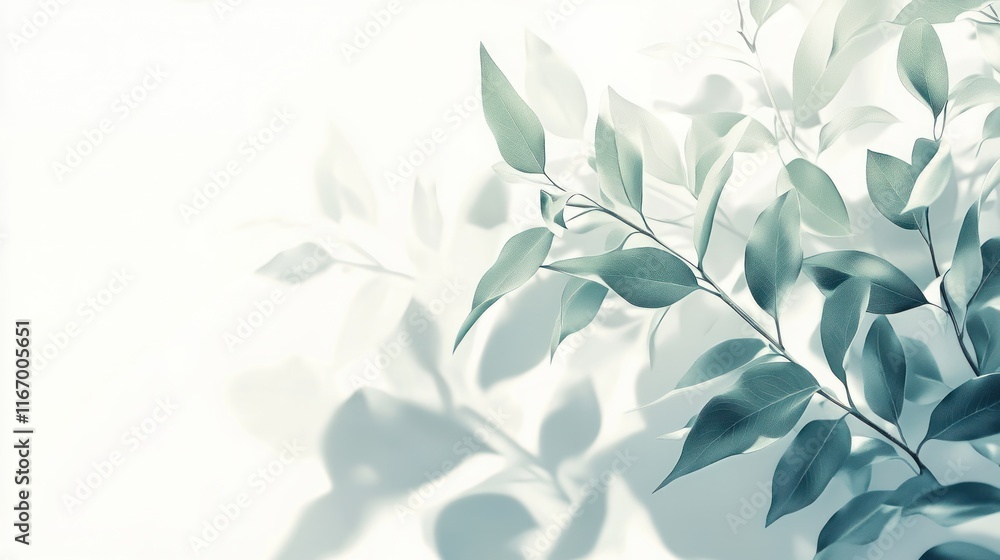 Soft light illuminates teal leaves and casts shadows on a white background. Soft light illuminates teal leaves and casts shadows on a white background.