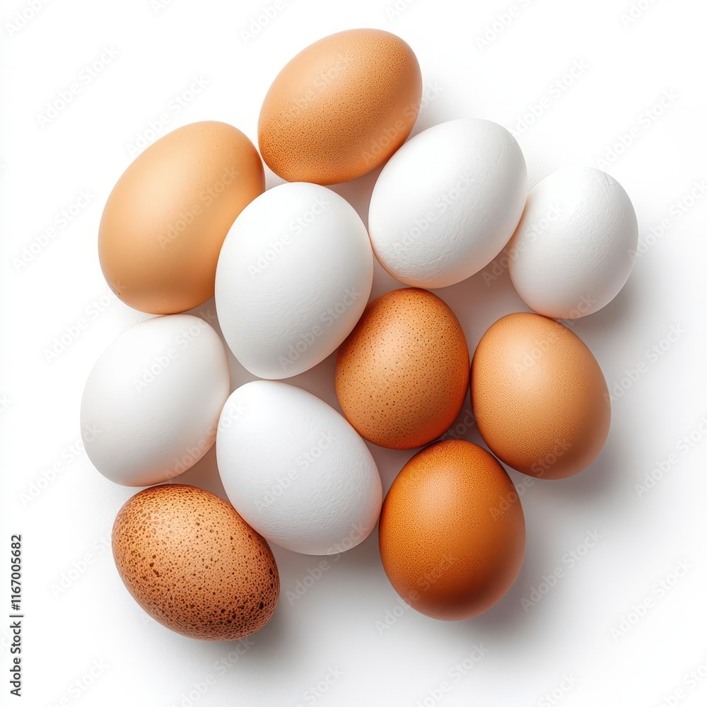 A group of brown and white eggs arranged in a circle on a white background. A group of brown and white eggs arranged in a circle on a white background.