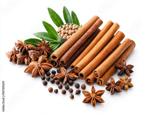 Wallpaper Mural Cinnamon sticks, star anise, and peppercorns on a white background. Torontodigital.ca
