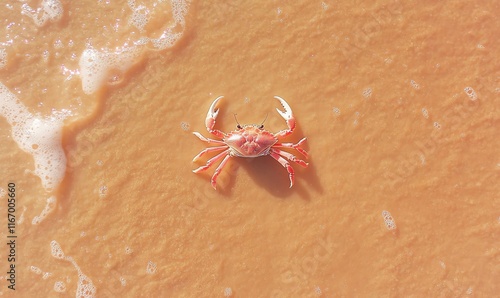 Small crab scuttling across golden sand near gentle shoreline