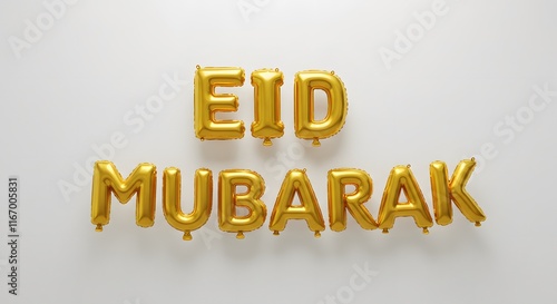 Minimal gold balloon text reading Eid Mubarak on a plain white background, suitable for modern greeting card, social media post, and digital artwork photo