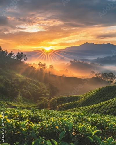 A misty sunrise over the tea garden, with sun rays piercing through the fog and illuminating vibrant green leaves on the mountainside, creating an ethereal atmosphere. The sky is painted in hues