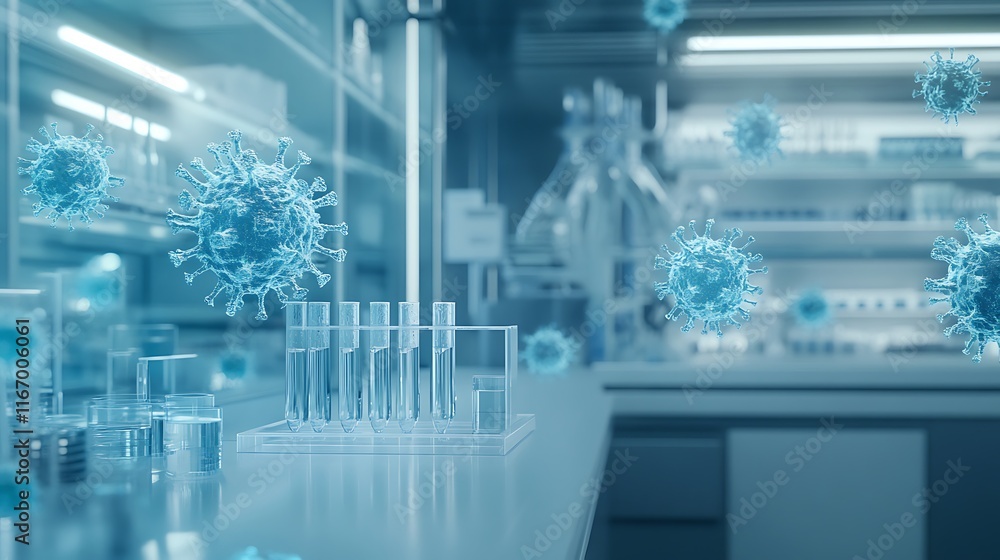 Fototapeta premium Coronavirus Research in a Modern Laboratory: Microscopic View of Virus Particles Surrounding Scientific Equipment