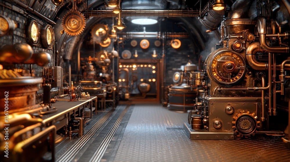 Steampunk laboratory interior with intricate machinery and copper pipes. Steampunk laboratory interior with intricate machinery and copper pipes.