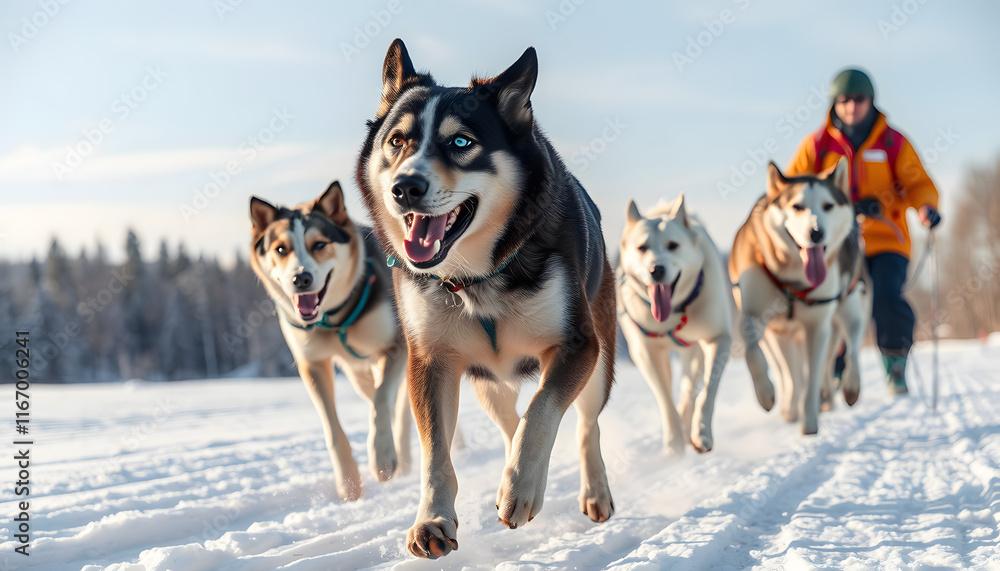Sled dog race on snow in winter. isolated with white highlights Sled dog race on snow in winter. isolated with white highlights
