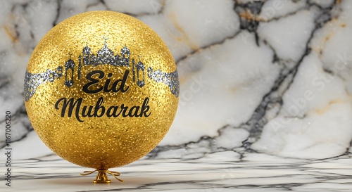 Glittery golden balloon featuring Eid Mubarak text and mosque design against a luxurious marble background. Perfect for high end Islamic decor and celebration invitation photo