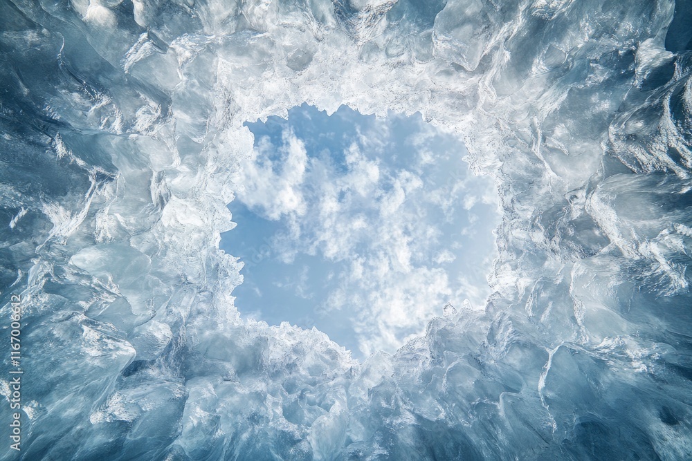 Obraz premium A panoramic view of an ice cave, with the sky visible through its entrance, showcasing intricate patterns and textures in shades of blue and white. The photograph captures the vastness of nature's