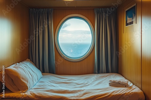 A small bedroom with a round window and a white bed photo