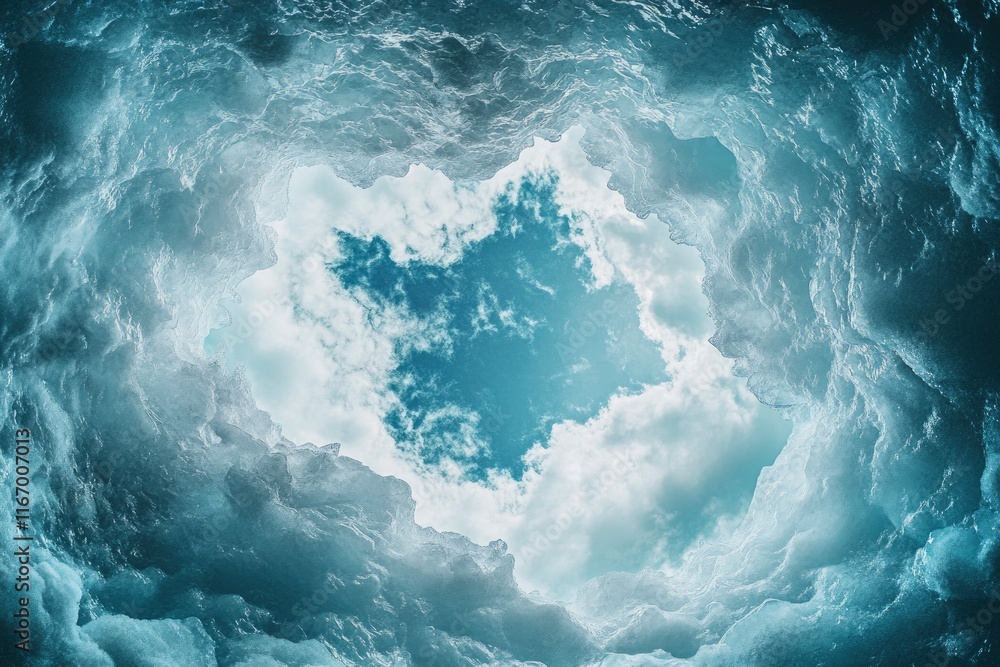 Fototapeta premium A panoramic view of an ice cave, with the sky visible through its entrance, showcasing intricate patterns and textures in shades of blue and white. The photograph captures the vastness of nature's