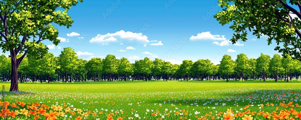 Fototapeta premium Vibrant Spring Landscape Featuring Colorful Flowers, Clear Blue Sky, Lush Green Trees, and Wide Open Fields Under Bright Sunlight