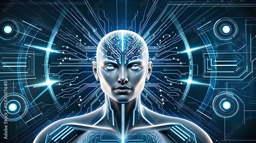 Futuristic Artificial Intelligence Concept with a Metallic Cyborg Head, Circuitry, and Digital Interface Background
Futuristic Artificial Intelligence Concept with a Metallic Cyborg Head, Circuitry, and Digital Interface Background