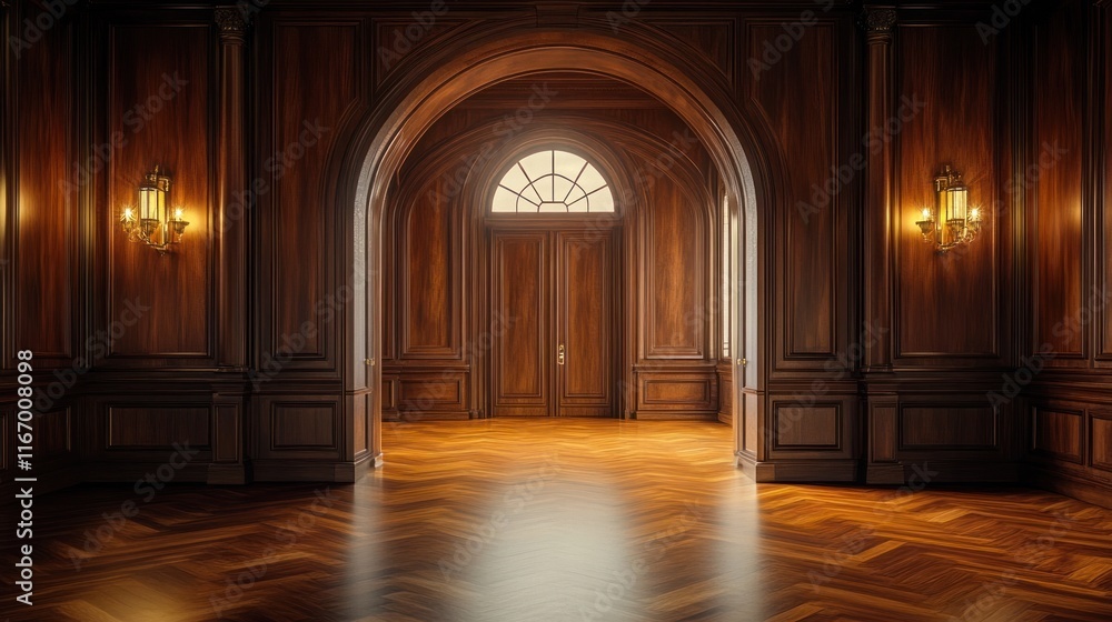 Magnificent ornate wooden interior of a historic palace or castle with an arched archway elegant chandelier and other luxurious decorative elements conveying a sense of grandeur prestige and opulence
