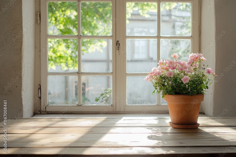 Fototapeta premium A small pink flower pot sits on a wooden table by a window