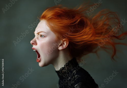 A young woman with striking red hair is captured mid-shout, her expression conveying strong emotion. The dark background adds to the dramatic effect of the moment.