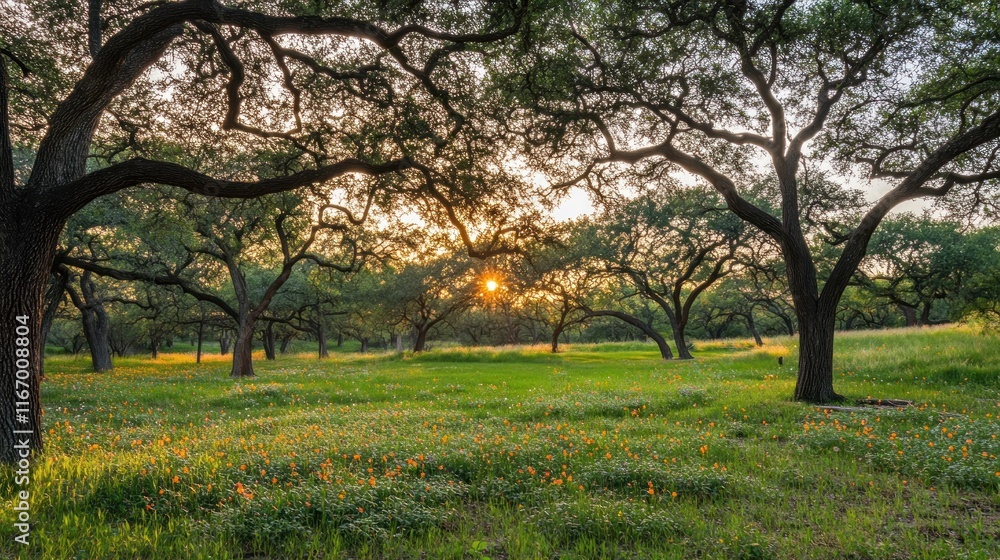 Sunset over a field of wildflowers with large trees. Sunset over a field of wildflowers with large trees.