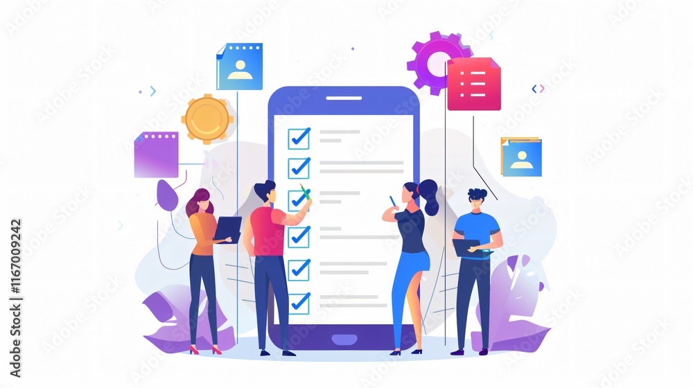 Professional Business Team Using Mobile App to Fill Out Checklist Professional Business Team Using Mobile App to Fill Out Checklist