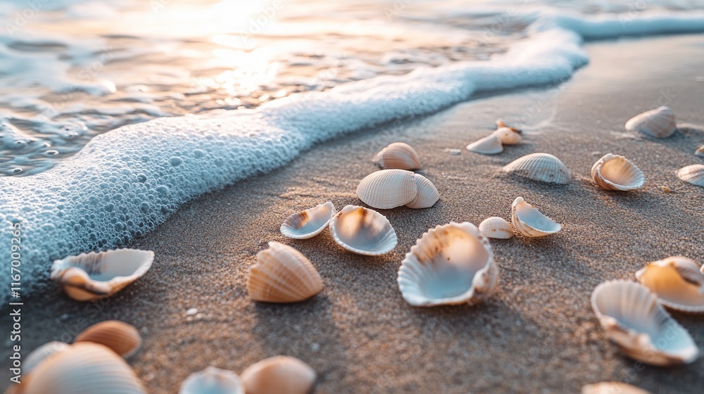 Seashells on sandy beach with ocean wave at sunset. Seashells on sandy beach with ocean wave at sunset.