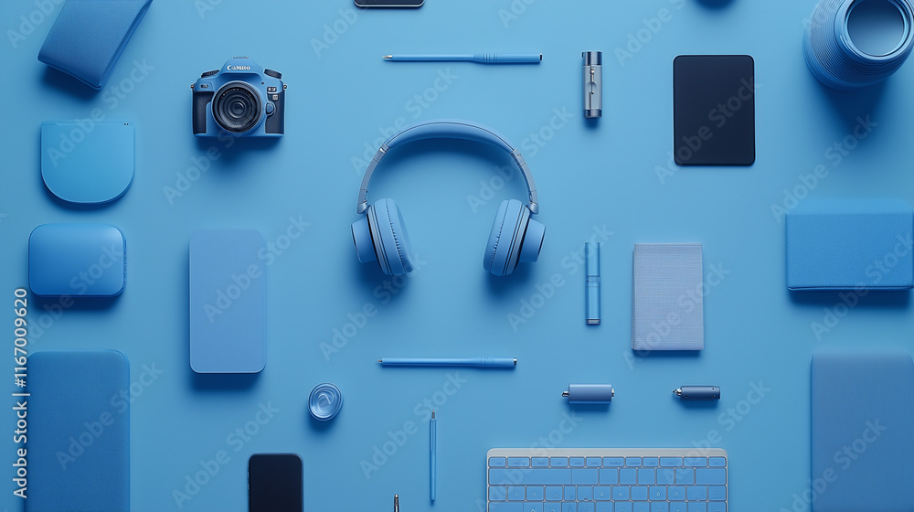 A flat lay arrangement of various tech objects, all in shades of blue A flat lay arrangement of various tech objects, all in shades of blue