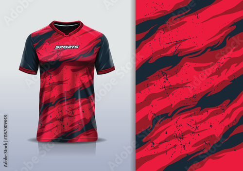 T-shirt mockup abstract texture grunge texture sport jersey design for football, soccer, racing, esports, running, in red black color