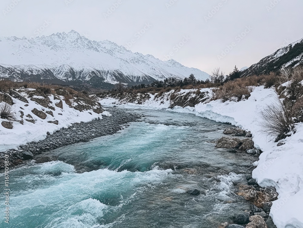 turquoise glacial river in New Zealand, with snow-capped mountains and rocks in the background. The water is flowing down from Mount Aoraki at sunrise. The sky is a combination of white and blue turquoise glacial river in New Zealand, with snow-capped mountains and rocks in the background. The water is flowing down from Mount Aoraki at sunrise. The sky is a combination of white and blue